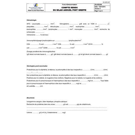20.4205.007 : COMPTE RENDU DU BILAN ANNUEL POST GREFFE - FE/JPE/059 / 10528H