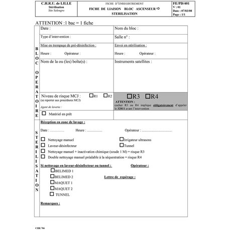 CHR706 :  FICHE DE LIAISON BLOCS STERILISATION / 089409J