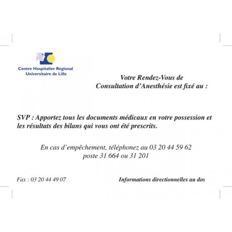 25.0790.022 - Carton RDV consultation anesthésie