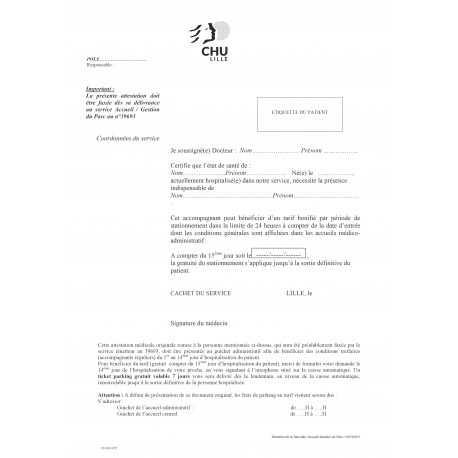 20.4241.071 :  Attestation médicale Station. parking CHRU de Lille / 10203V